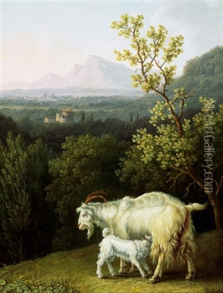 Eine Ziege Mit Ihrem Zicklein In Einer Toskanischen Landschaft Oil Painting - Jacob Philipp Hackert