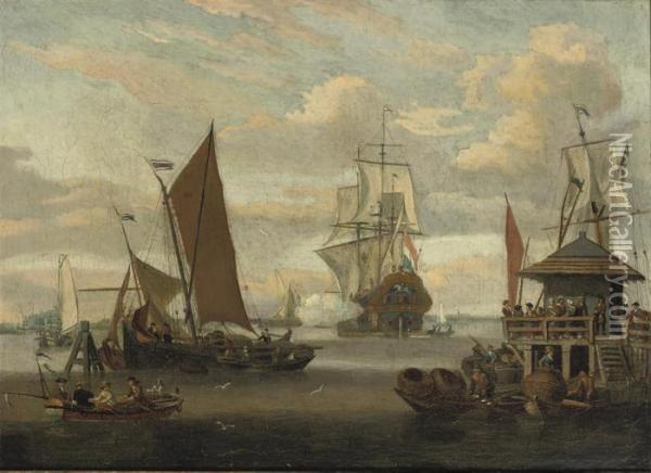 A View Of The Ij, Amsterdam, 
With Spectators On The Jetty Of A'boomhuisje' Watching A Man-o'-war 
Firing A Salute And Fishermenlanding Lobster Pots Oil Painting - Abraham Storck