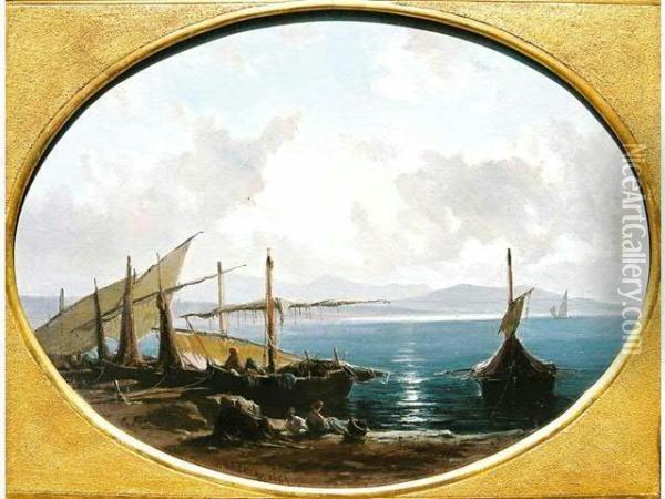 Effet De Soirsur Les Barques A La Greve Oil Painting - Vincent Courdouan