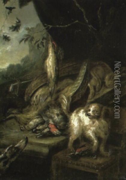 A Hound And Spaniel Guarding A Dead Heron And Other Game In A Landscape Oil Painting - Adriaen de Gryef