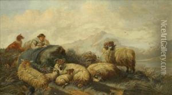 Shepherd And Flock Oil Painting - James W. Morris