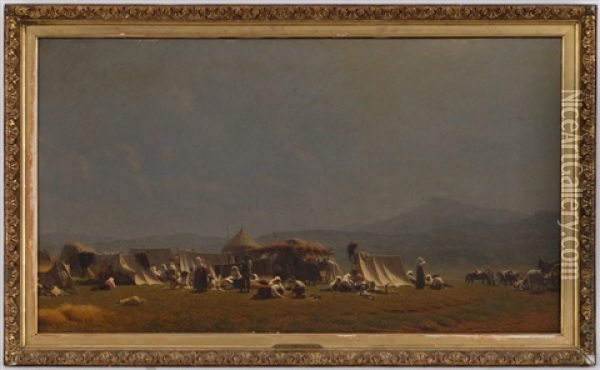 Campement De Nomades, Personnages Et Animaux Oil Painting - Alfred van (Jacques) Muyden