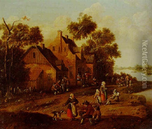 A River Landscape With Peasants Gathered Outside An Inn And Resting On A Riverbank Oil Painting - Cornelis Droochsloot