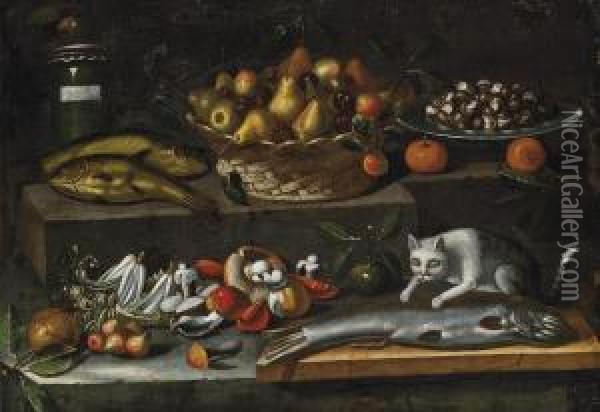 A Basket Of Pears, Oranges, Snails In A Pewter Plate, Fish, Mushrooms And A Cat On A Ledge Oil Painting - Juan Van Der Hamen Y Leon