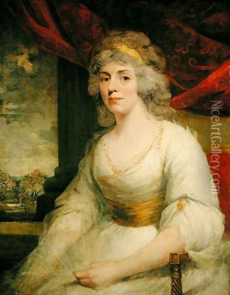 Portrait of Mrs Billington seated three quarter length in a white dress Oil Painting - John Hoppner