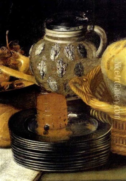 Stillleben Mit Austern, Brezeln, Kase, Zinngeschirr, Einem Weinglas Und Einem Tonkrug Oil Painting - Francisco Barrera