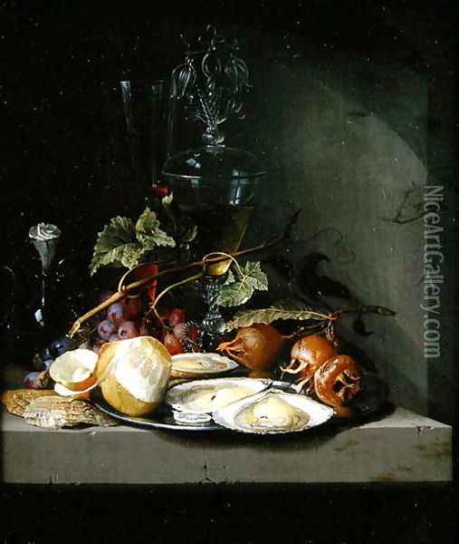 Still life of oysters and a peeled lemon on a ledge Oil Painting - Jacob van Walscapelle