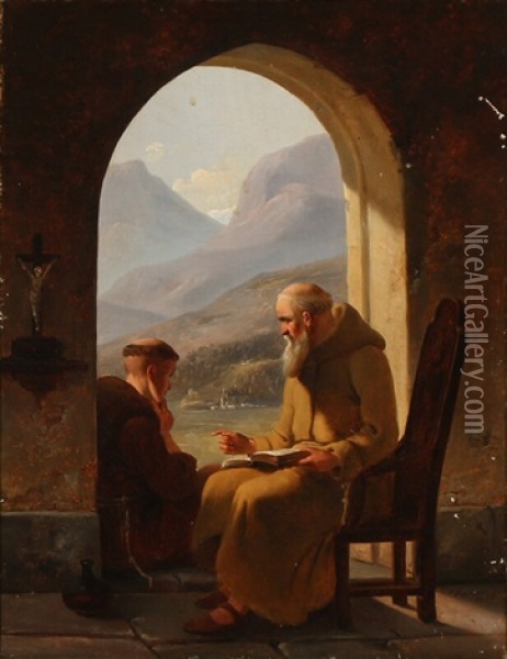 Two Monks In A Loggia With A View Of A Mountain Landscape Oil Painting - Christian Andreas Schleisner