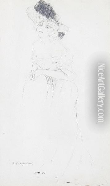 Donna Elegante Appoggiata Ad Una Sedia; Donna Elegante Seduta Con Due Cani Oil Painting - Alceste Campriani