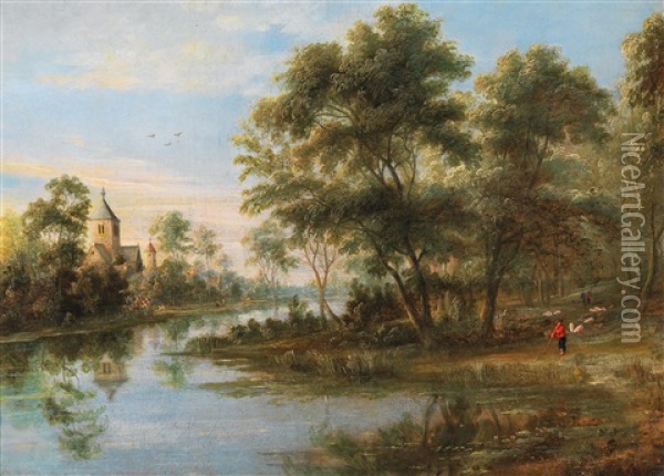 A Wooded River Landscape With A Shepherd Oil Painting - Lucas Van Uden