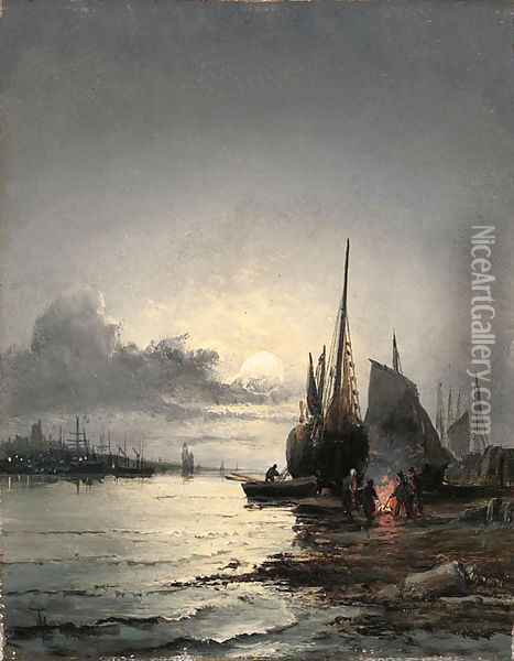A Port at night and day Oil Painting - William A. Thornley or Thornbery