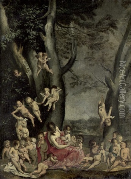 Caritas In Einer Landschaft Mit Hohen Baumen Oil Painting - Pietro Testa