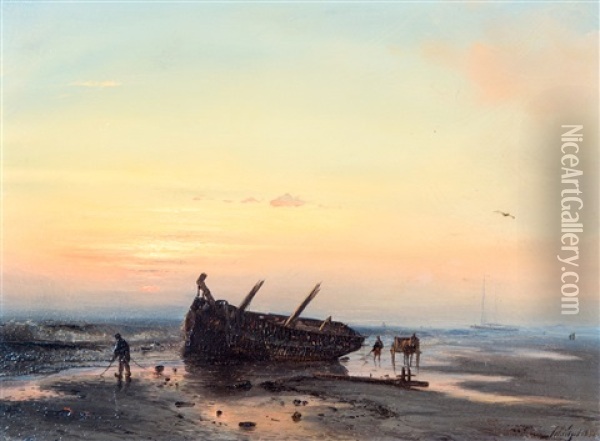 Shell Fishers Near A Shipwreck At Sunset Oil Painting - Petrus Paulus Schiedges the Elder