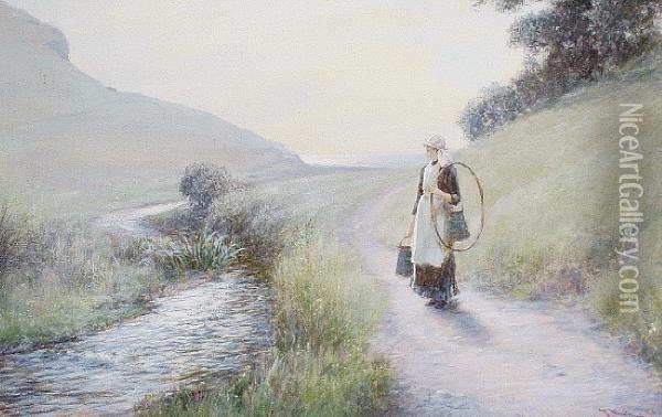 A Milkmaid On A River Path Oil Painting - John White