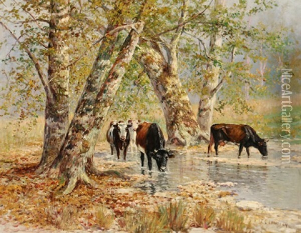 Pool By The Sycamores Oil Painting - Thomas Corwin Lindsay