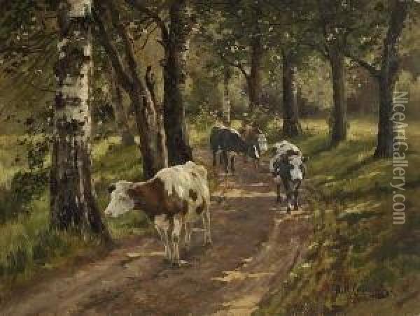 Kuhe Auf Dem Waldweg. Oil Painting - Aleksandr Nikolaev. Stepanov