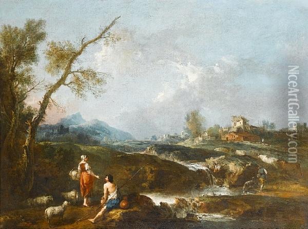 A River Landscape With Pastoral 
Figures And Aflock In The Foreground, An Italian Village In The 
Background Oil Painting - Giuseppe Zais