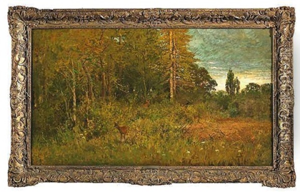 Bluhende Landschaft Am Waldrand Mit Zwei Rehen Oil Painting - Hermann Baisch