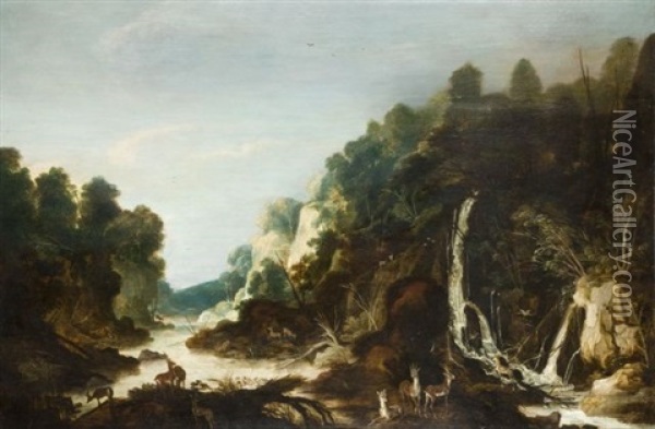 Chevreuils Dans Un Paysage De Torrent Et De Riviere Oil Painting - Philips de Momper the Elder