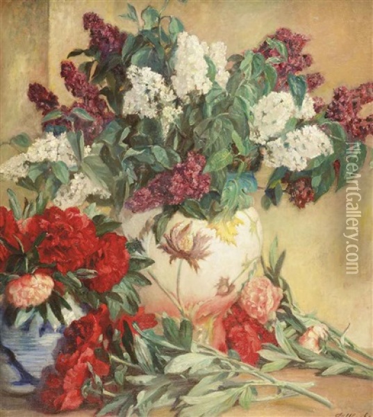 Lilacs And Peonies In A Vase Oil Painting - Jean C. Ubaghs