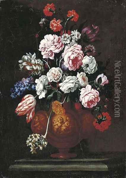 Roses, carnations, tulips and other flowers in a sculpted urn on a stone ledge Oil Painting - Giovanni Stanchi
