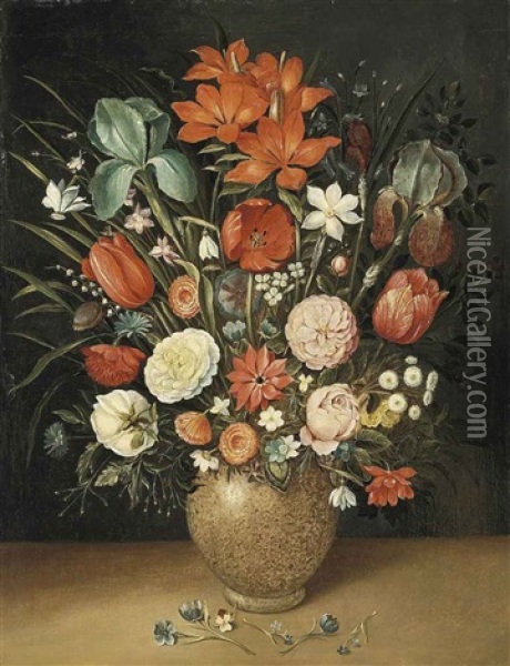 Roses, Tulips, Carnations And Other Flowers In A Vase On A Stone Ledge Oil Painting - Osias Beert the Elder
