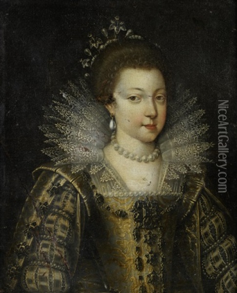 Portrait Of A Young Lady, Possibly Elizabeth Of France, Bust-length, In A Gold-embroidered Dress, A Lace Collar, With A Pearl Necklace And Earrings Oil Painting - Frans Pourbus the younger