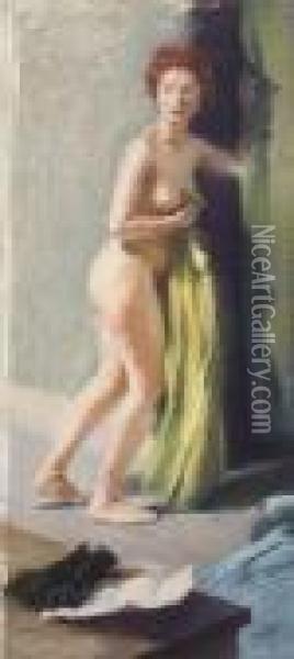 Female Nude With Green Robe Oil Painting - John Steuart Curry
