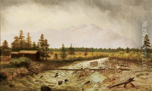 Landscape With Fallen Tree Over River And Mountains Behind Oil Painting - Howard Streight