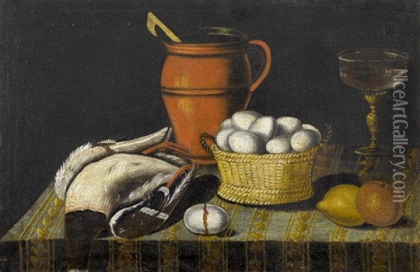 Kuchenstillleben Mit Ente, Eiern, Glas Und Topf Oil Painting - Johann Martin Veith