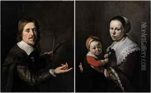 Portrait Of Gijsbert Gillisz. De Hondecoutre (1604-1653),half-length, Holding A Palette And Brushes; And Portrait Of Hiswife Maria Hulstman, Half-length, Holding A Child Oil Painting - Hendrick Bloemaert