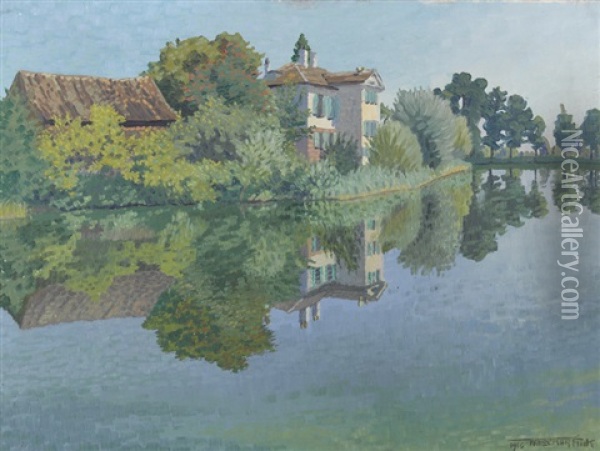 Sommerliche Uferpartie Mit Einer Villa Oil Painting - Waldemar Theophil Fink