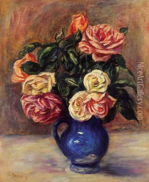 Roses In A Blue Vase Oil Painting - Pierre Auguste Renoir