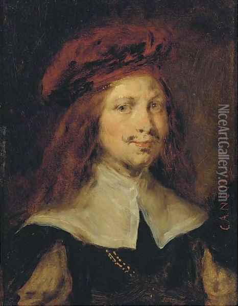 Portrait of a gentleman, bust length, wearing a red cap Oil Painting - Rembrandt Van Rijn