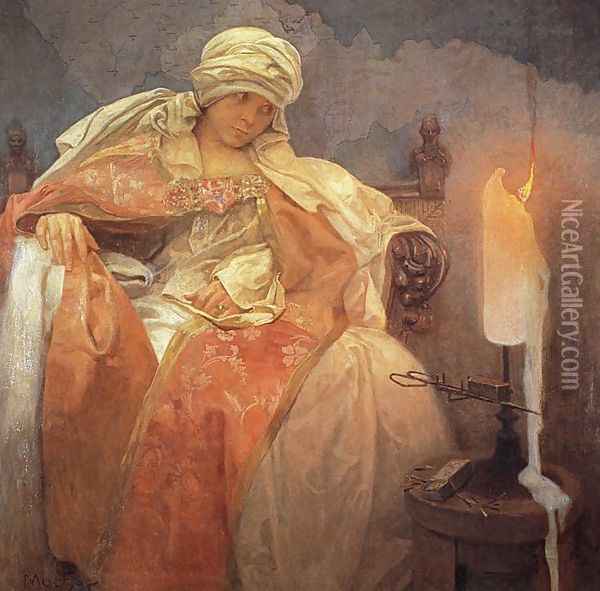 Woman with a Burning Candle, 1933 Oil Painting - Alphonse Maria Mucha
