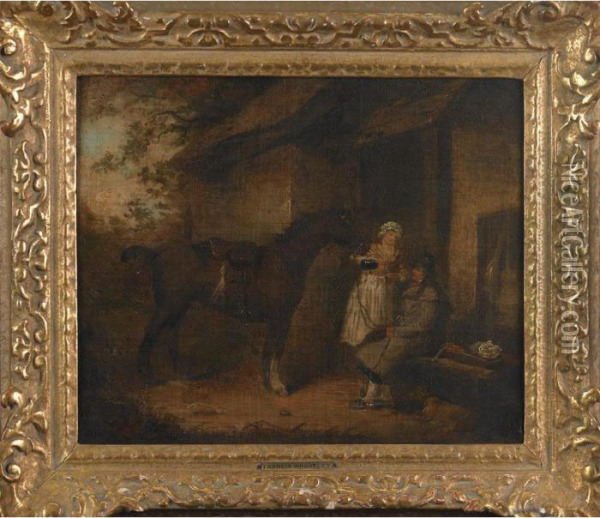 The Maiden And The Horseman Resting Outside An Inn Oil Painting - Francis Wheatley