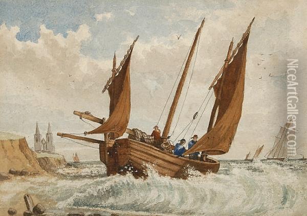 Fishing Boats With Pakefield Church Beyond Oil Painting - Thomas Lound