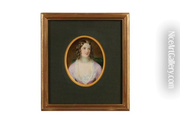 Portrait Miniature Of A Lady, In Pink Dress With White Lace Underslip, Her Brown Hair Upswept And Dressed In Ringlets Oil Painting - Sir William Charles Ross