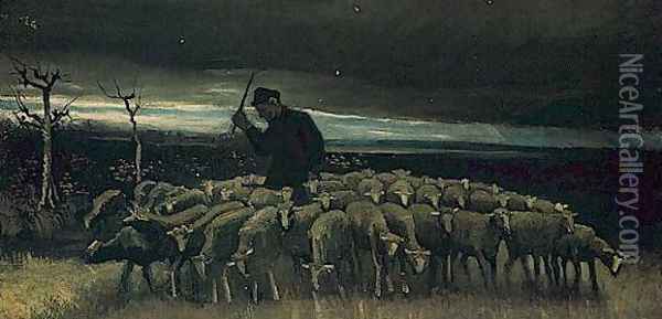 Shepherd With A Flock Of Sheep Oil Painting - Vincent Van Gogh