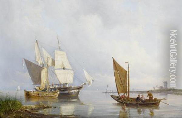 A Calm Day On The Estuary, With A
 Trading Brig About To Discharge Her Cargo Into A Barge Coming Alongside Oil Painting - Pieter Christiaan Cornelis Dommersen