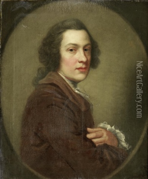 Portrait Of A Gentleman, Half-length, In A Brown Coat And White Cuffs, Within A Painted Oval Oil Painting - George Knapton