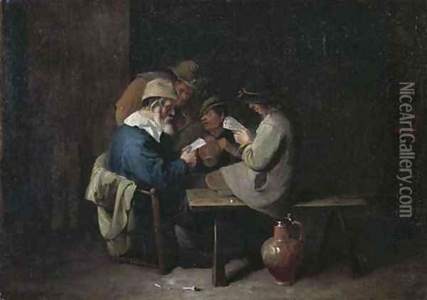 Peasants drinking and playing cards in an inn Oil Painting - David Ryckaert III