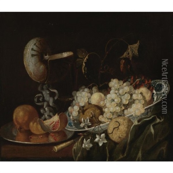 Still Life Of Grapes And Other Fruits In A Wan-li Porcelain Bowl With A Nautilus Shell Drinking Glass Oil Painting - Georg Hainz