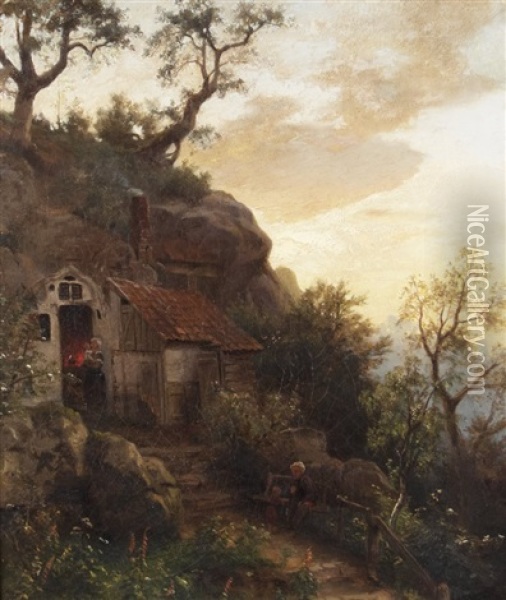 Evening Mood In Front Of The House Oil Painting - Carl Von Der Hellen