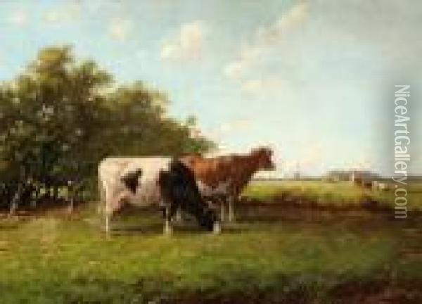 Cows In A Meadow Oil Painting - Adriaan Marinus Geijp