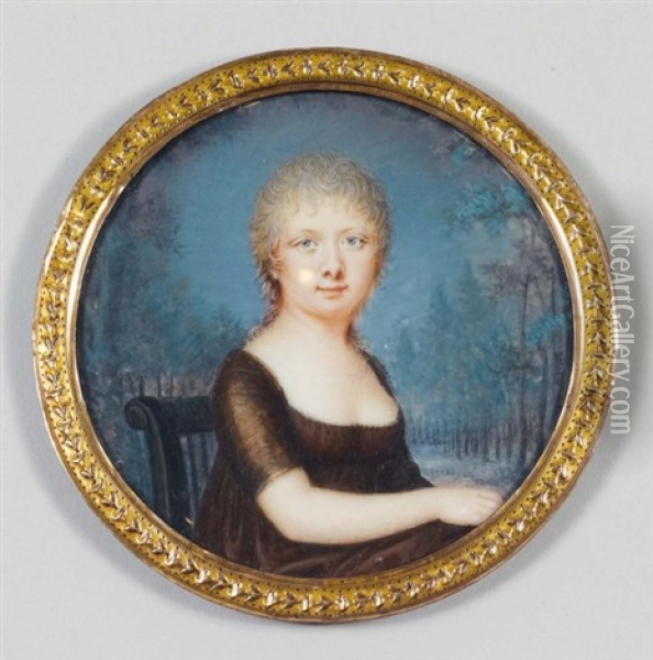 Portrait D'une Jeune Fille En Robe De Soie Brune, Assise Devant Un Paysage Oil Painting - Jean Baptiste Soyer