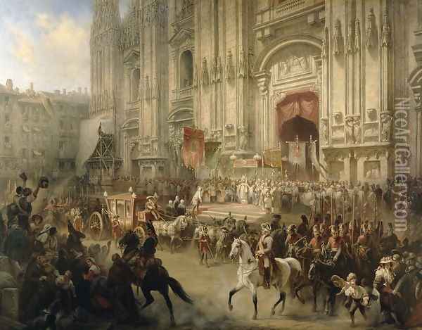 Ceremonial reception of Field-marshal Alexander Suvorov (1729-1800) in Milan in April 1799, c.1850 Oil Painting - Adolf Jossifowitsch Charlemagne