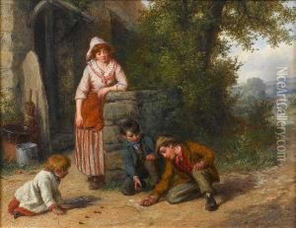 A Game Of Marbles; A Game Of Stones Oil Painting - Valentin Walter Bromley