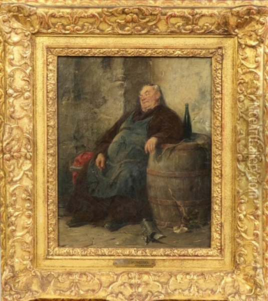Seated Monk With Barrel And Glass Of Wine Oil Painting - Adolf Humborg