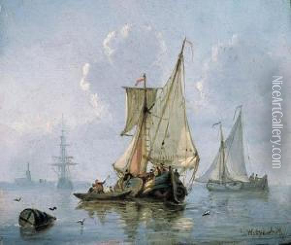 Shipping In A Calm Sea Oil Painting - George Willem Opdenhoff
